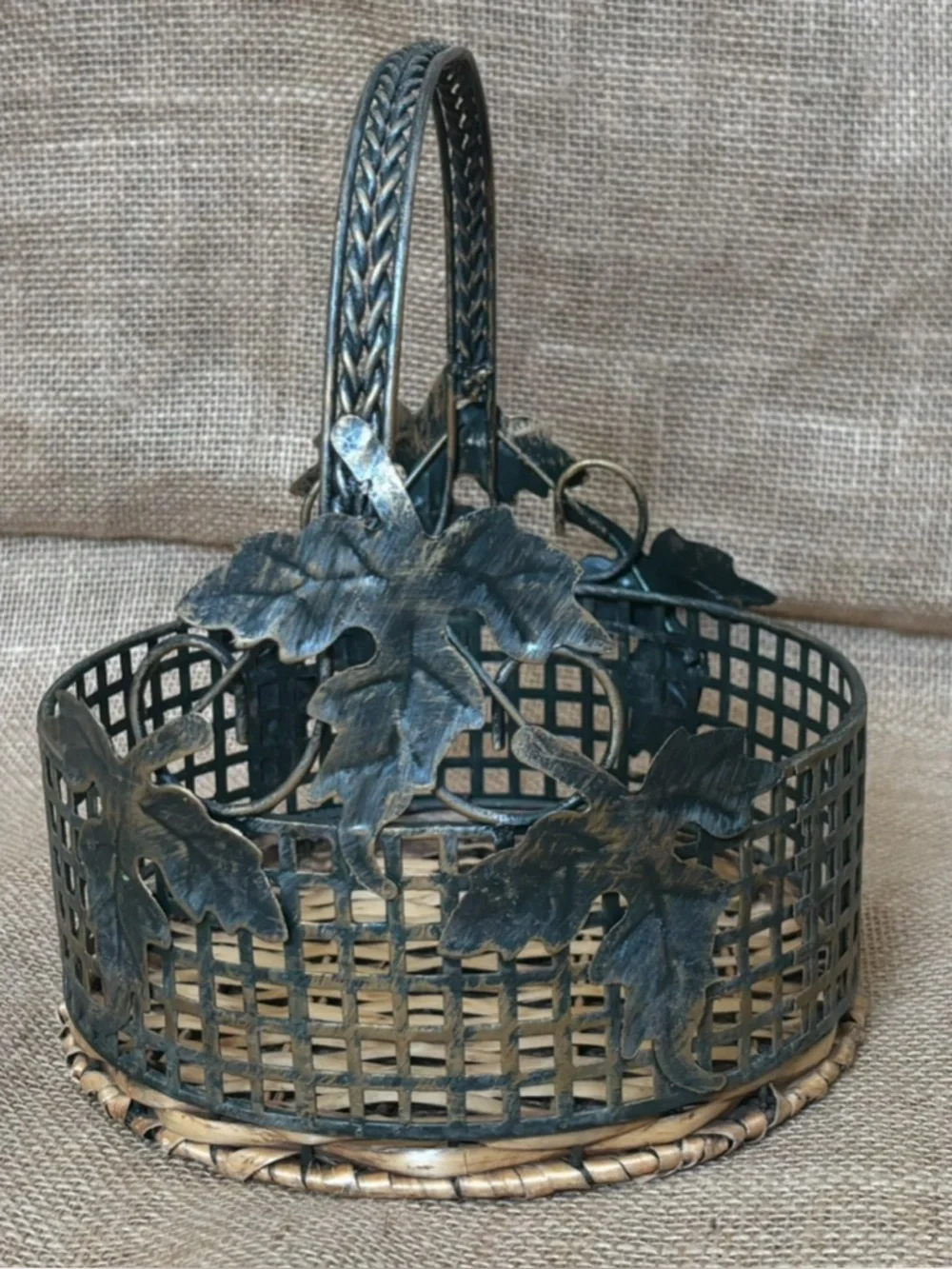 Distressed Leaf Open Weave Metal Basket with Wicker Base Rustic Farmhouse Tuscan